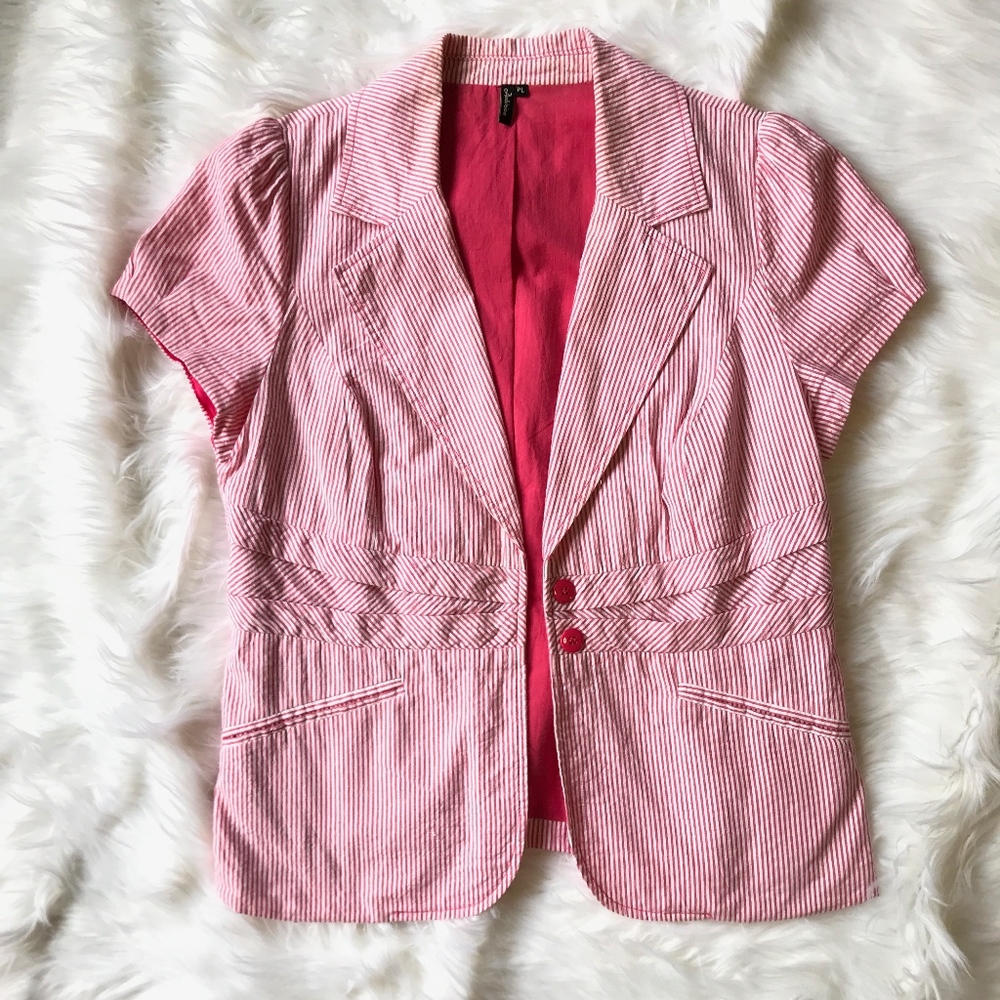 Ambition Pink White Seersucker Short Sleeve Blazer